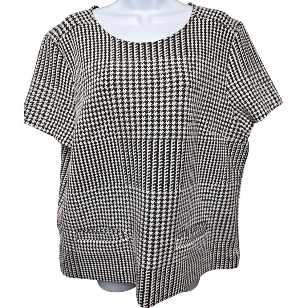ANN TAYLOR Womens Black Houndstooth Short Sleeve Top XL Boxy Office Preppy Chic